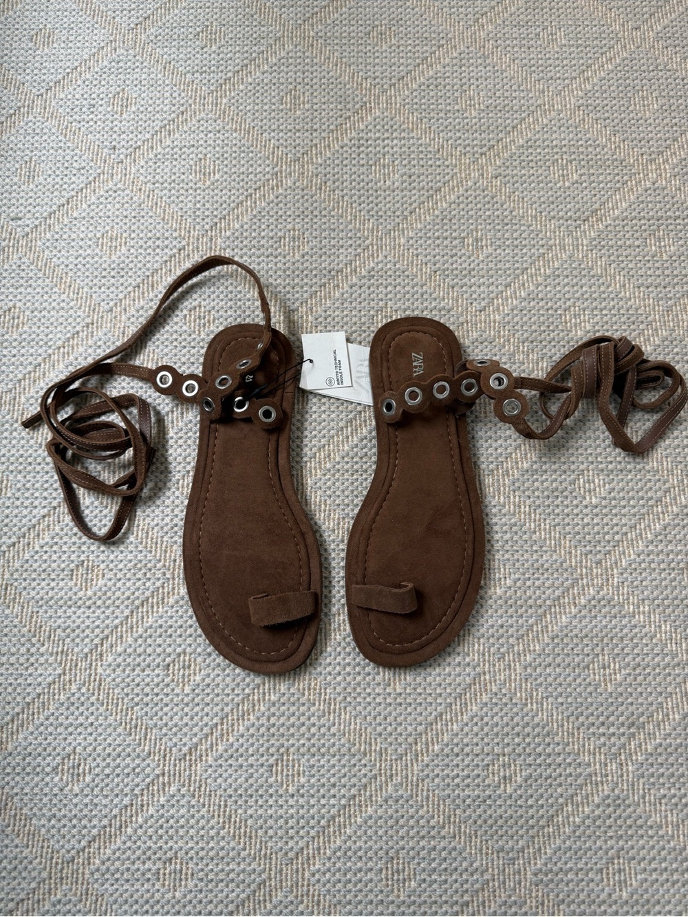 Zara Brown Suede Grommet Lace-Up Flat Sandals